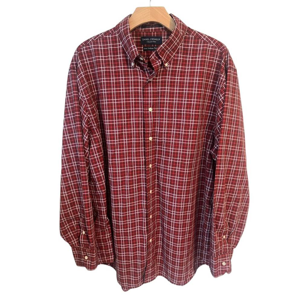 Daniel Cremeux Mens XL Burgundy Plaid Long Sleeve Button Up